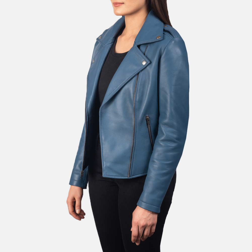 Flashback Blue Leather Biker Jacket For Women 3-1551973667953