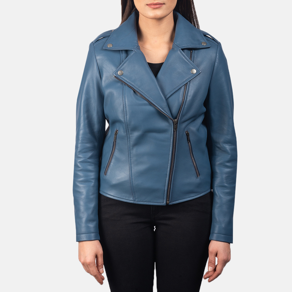 Flashback Blue Leather Biker Jacket For Women 4-1551973668360