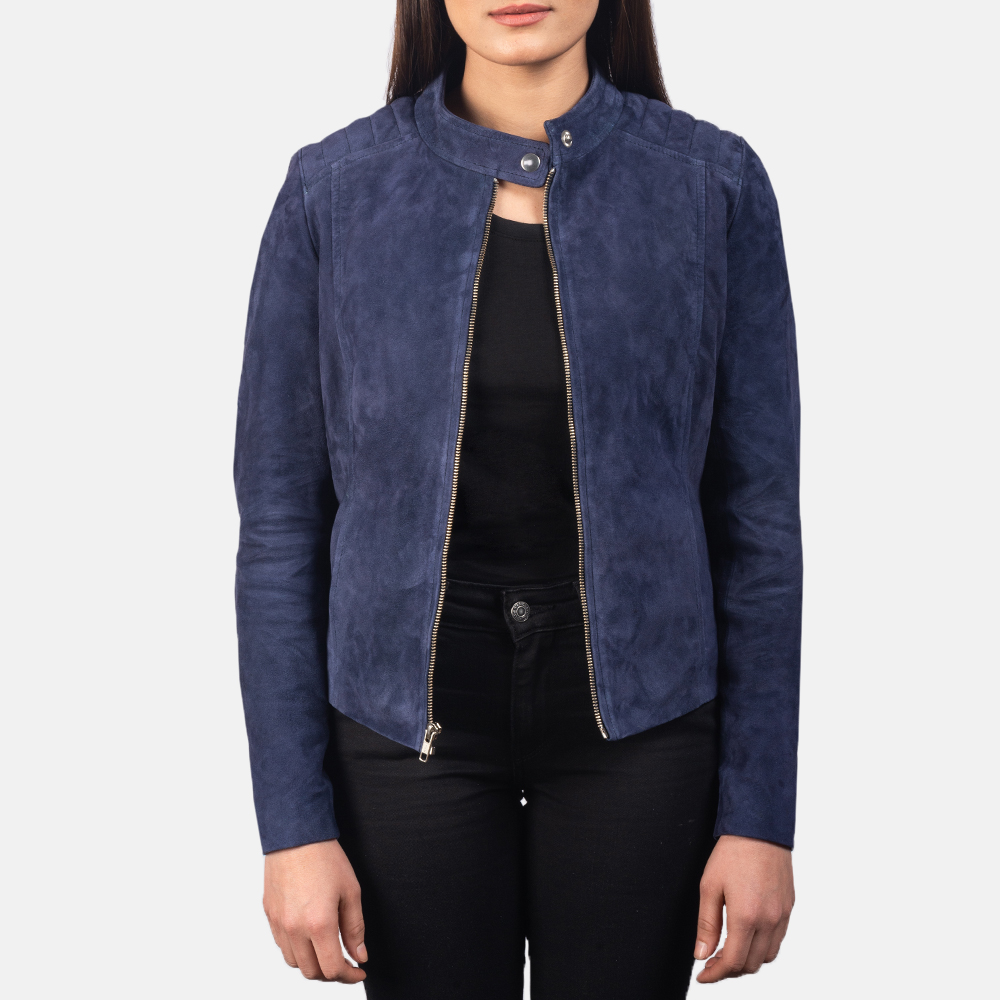 Kelsee Navy Blue Suede Biker Jacket For Women 2-1551972831219