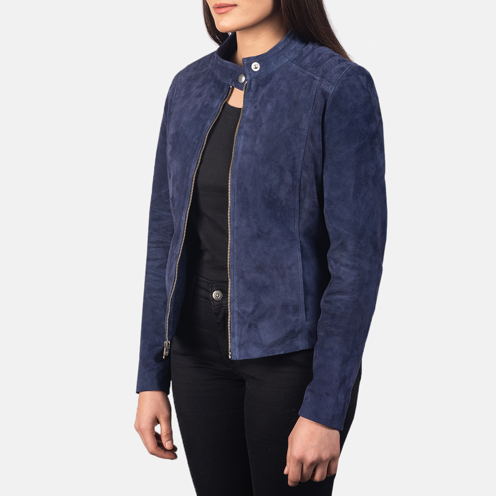 Kelsee Navy Blue Suede Biker Jacket For Women 3-1551972831391
