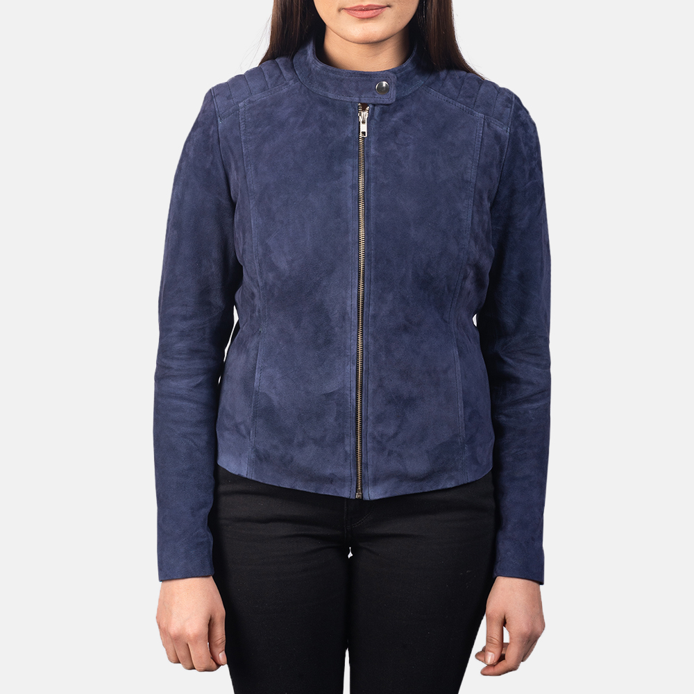 Kelsee Navy Blue Suede Biker Jacket For Women 4-1551972831497