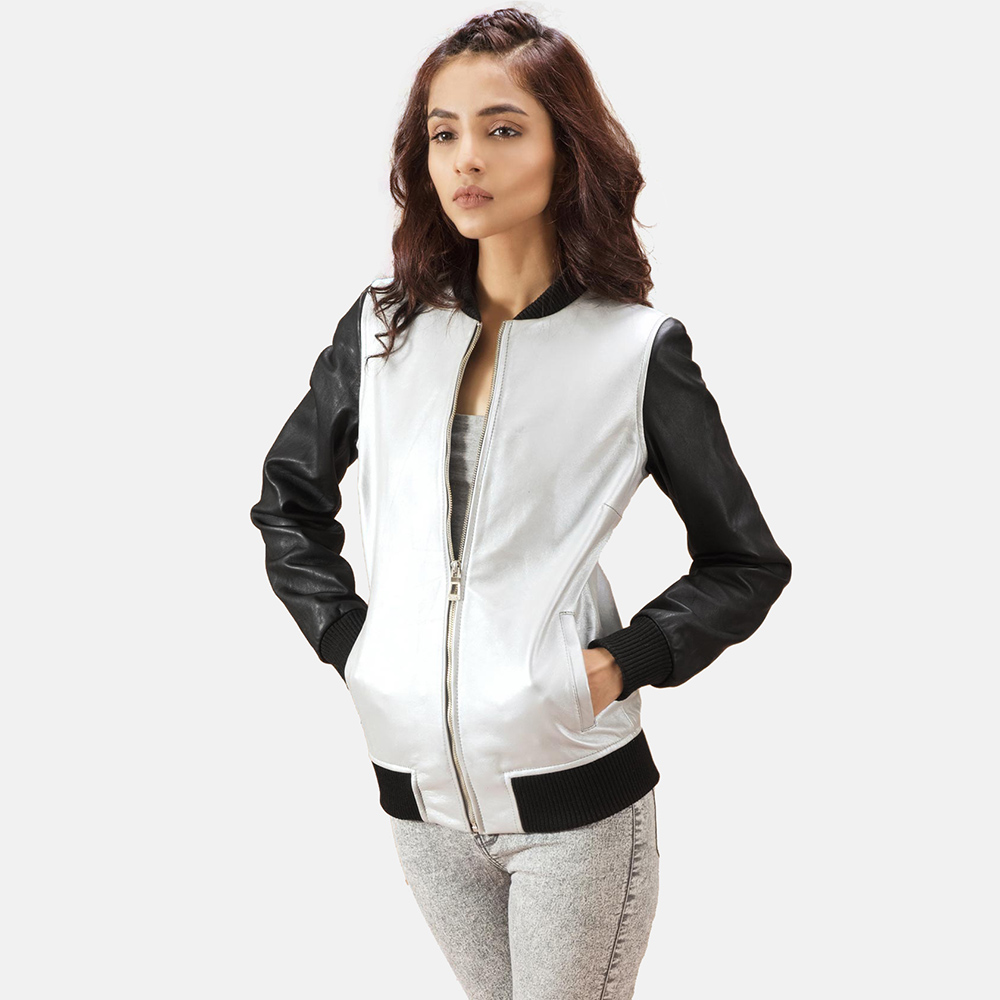 Womens Cole Silver Leather Bomber Jacket 1-1494999821032