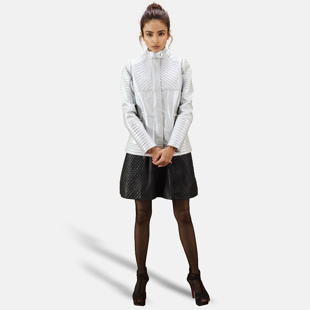 Womens Ice Maiden Silver Quilted Leather Biker Jacket 2-1495001261741