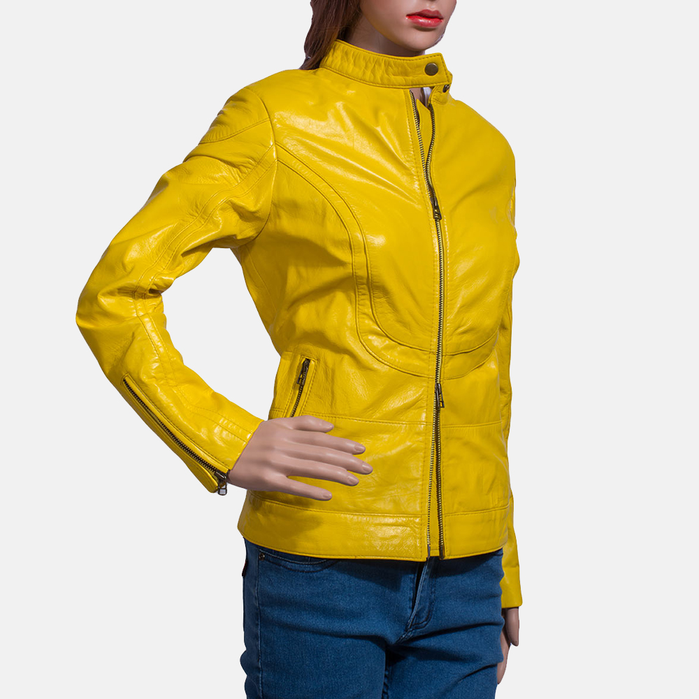 Womens Mystic Yellow Leather Biker Jacket 2-1491373316652