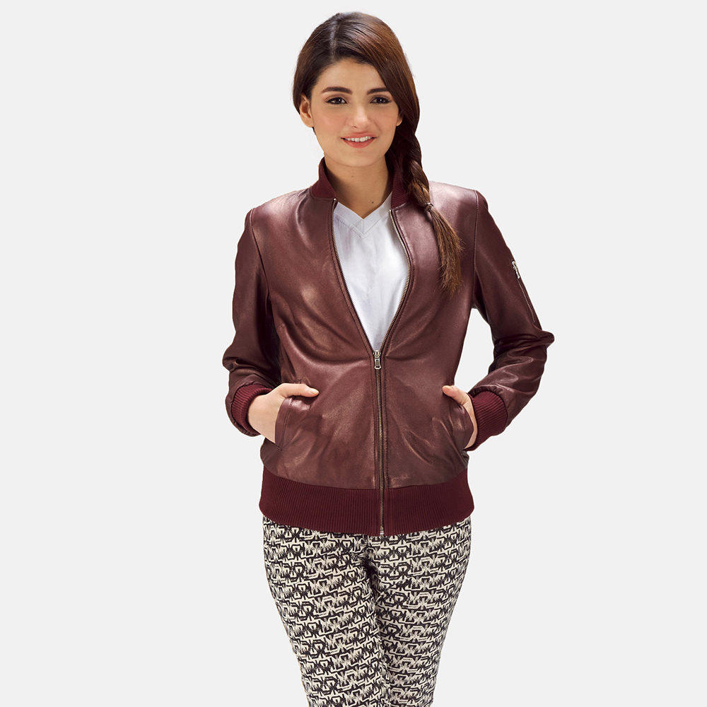 Womens Reida Maroon Leather Bomber Jacket 1-1494999906391