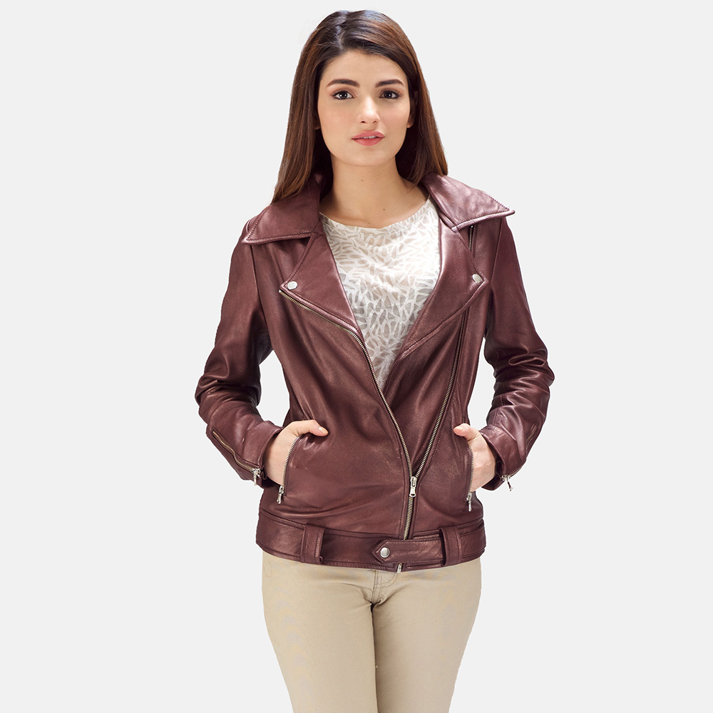 Womens Rumy Maroon Leather Biker Jacket 1-1495001029320