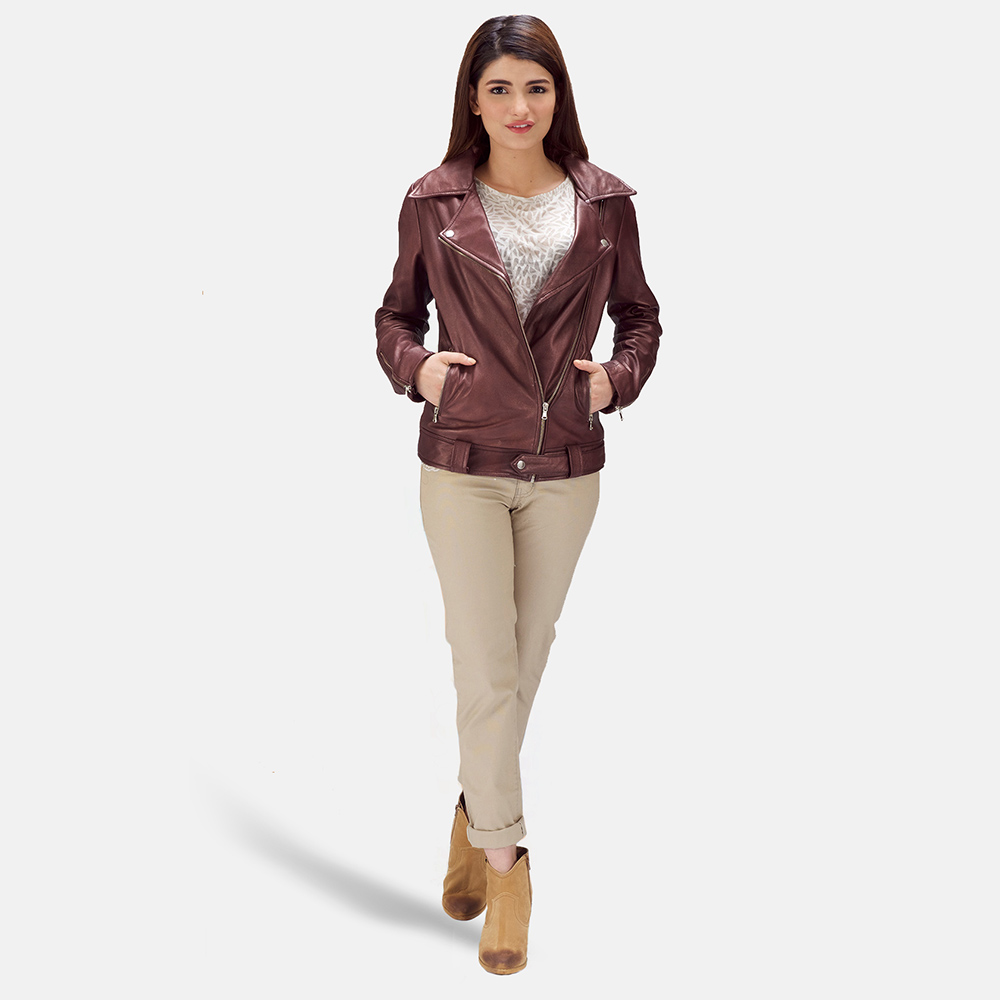 Womens Rumy Maroon Leather Biker Jacket 2-1495001029477