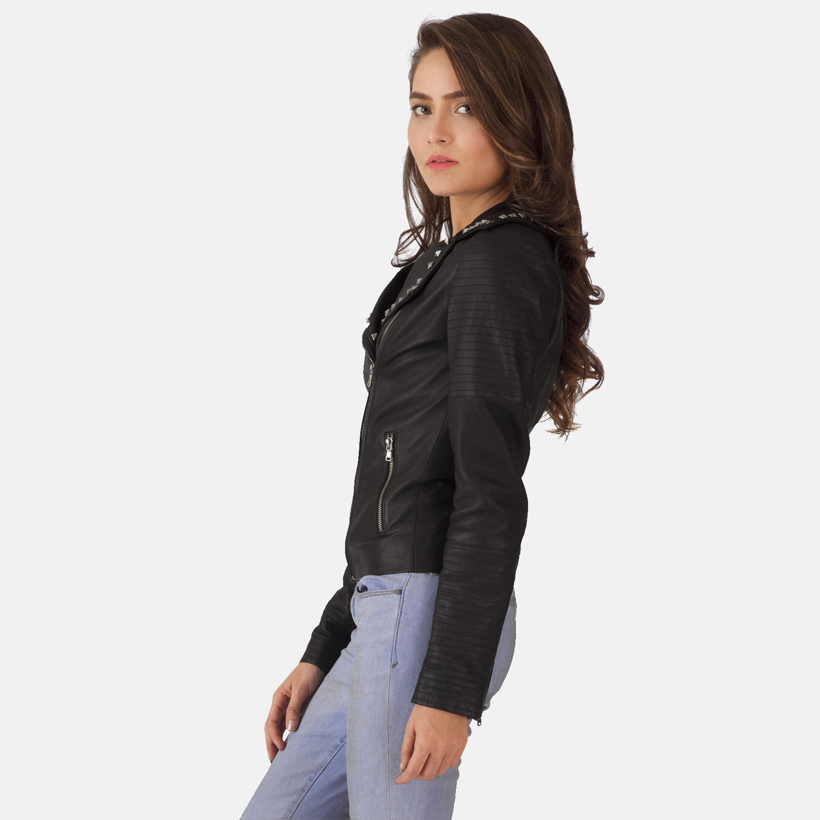 Womens Sally Mae Studded Black Leather Biker Jacket 1-1495004016045