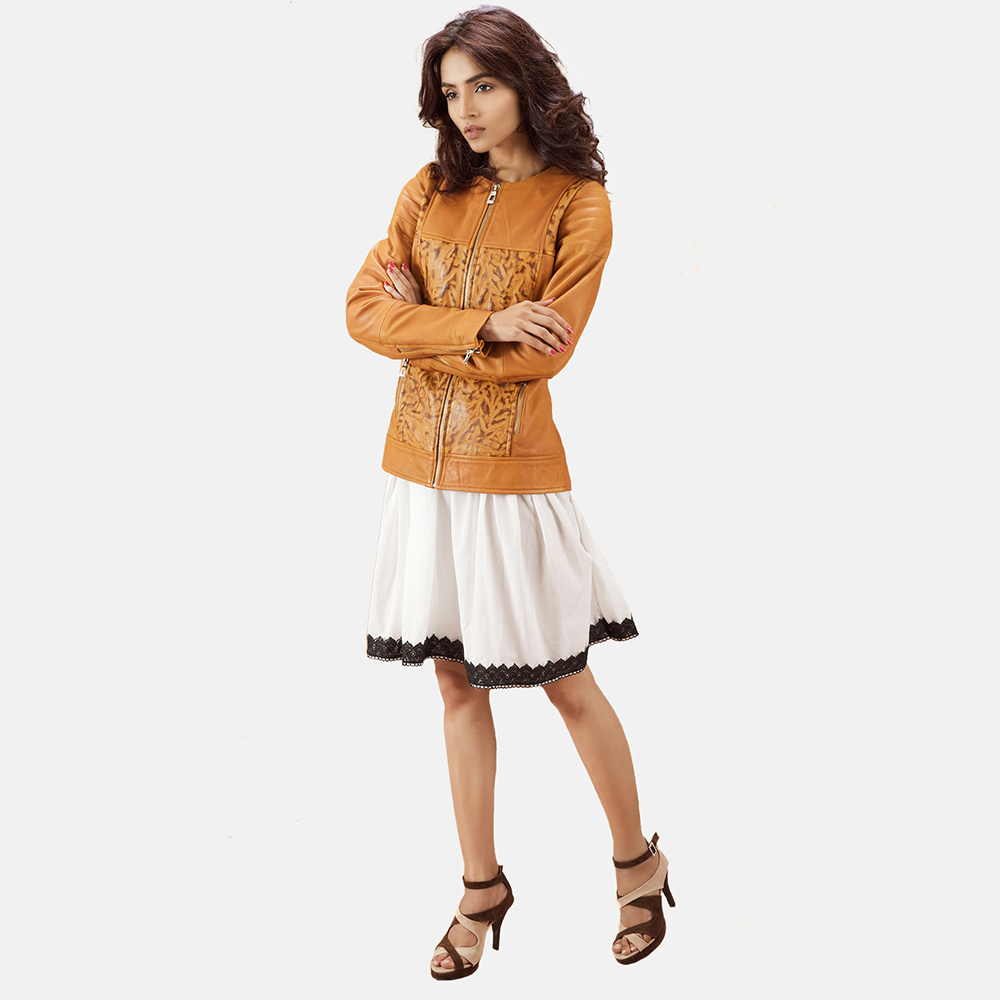 Womens Sandy Tan Dye Leather Biker Jacket 2-1495004147021