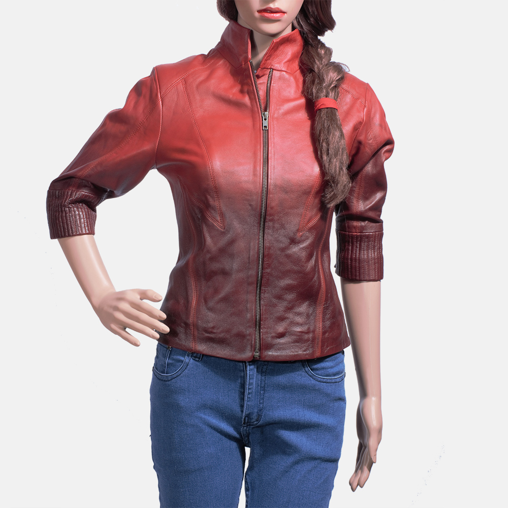 Womens Stacy Spice Red Leather Biker Jacket-1491467182499