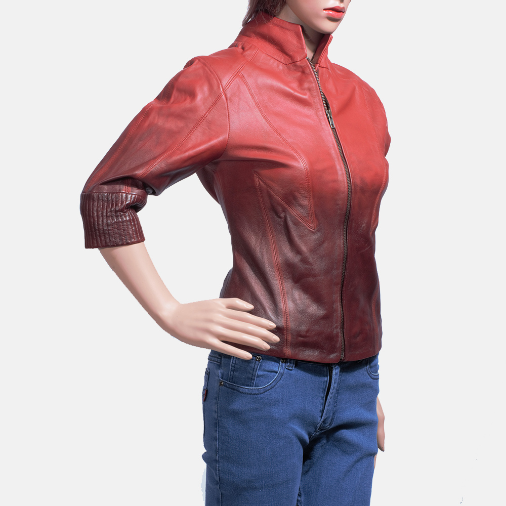 Womens Stacy Spice Red Leather Biker Jacket 2-1491467182780