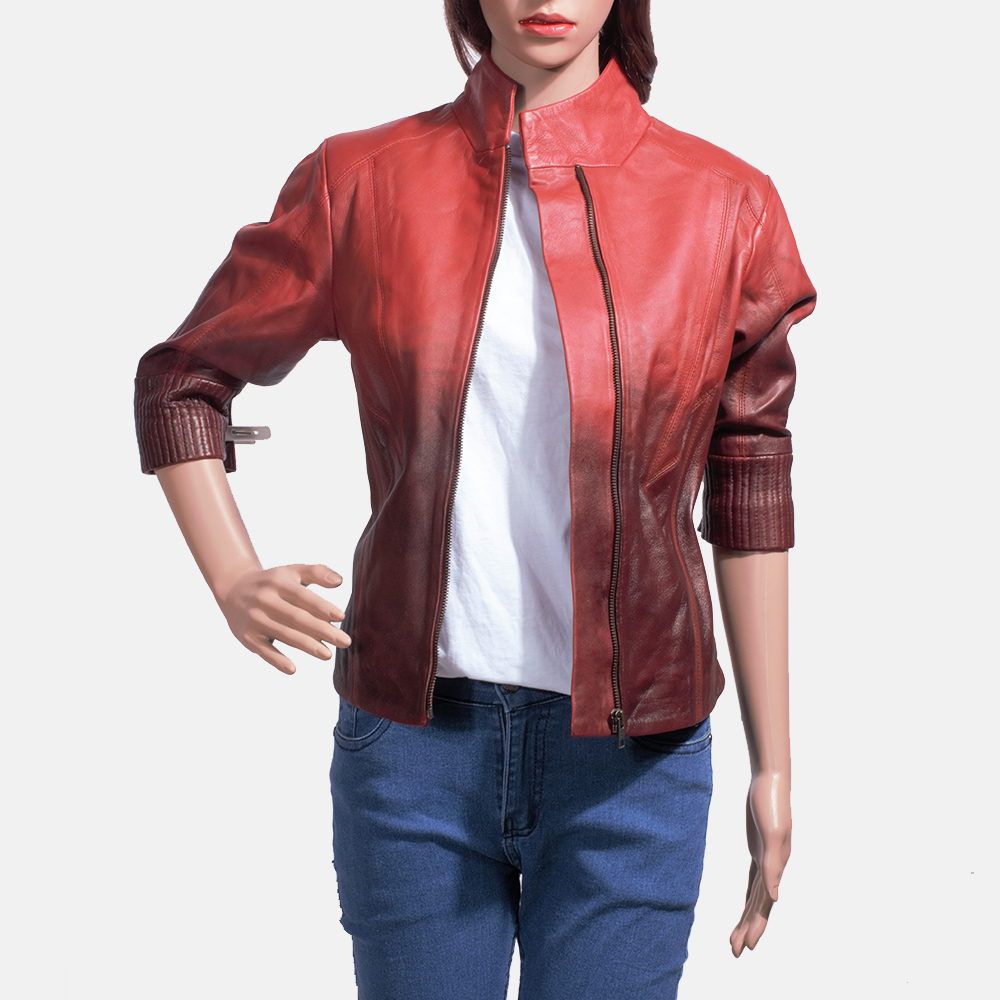 Womens Stacy Spice Red Leather Biker Jacket 3-1491467182627